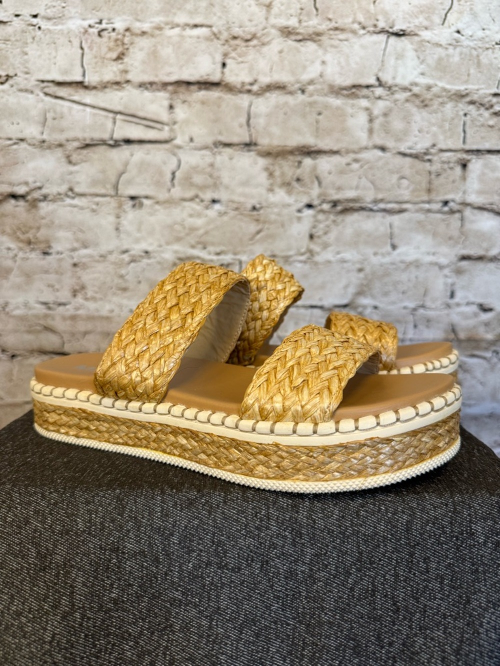 Braided Jute Platform Slide Sandals - Natural Tan